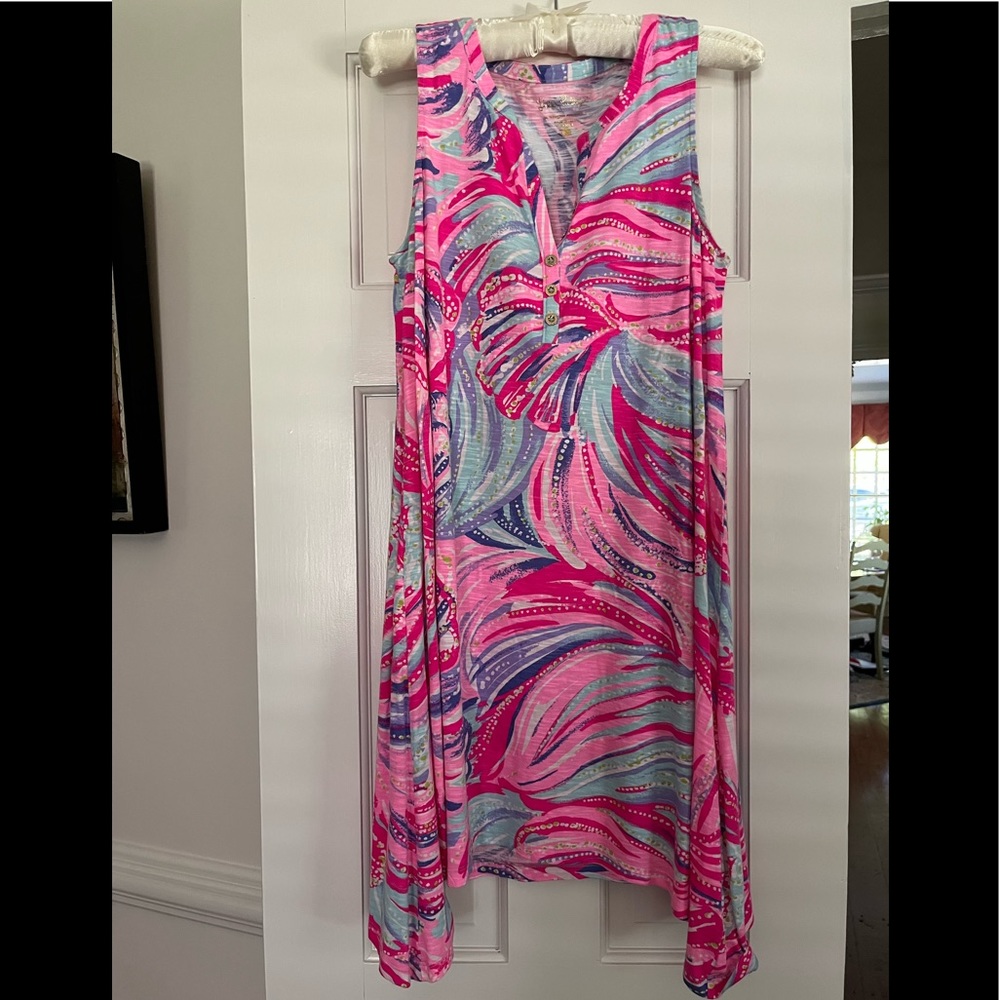 Lilly Pulitzer dress in splashes of pinks, teal, blue, purple & white. -like new